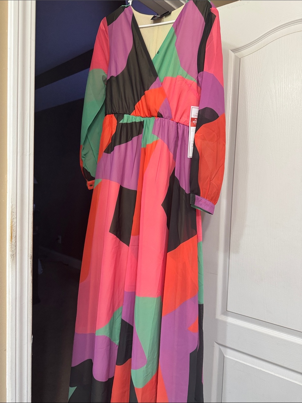 Abstract Colorblock V-Neck Maxi Dress in Pink & Multicolor